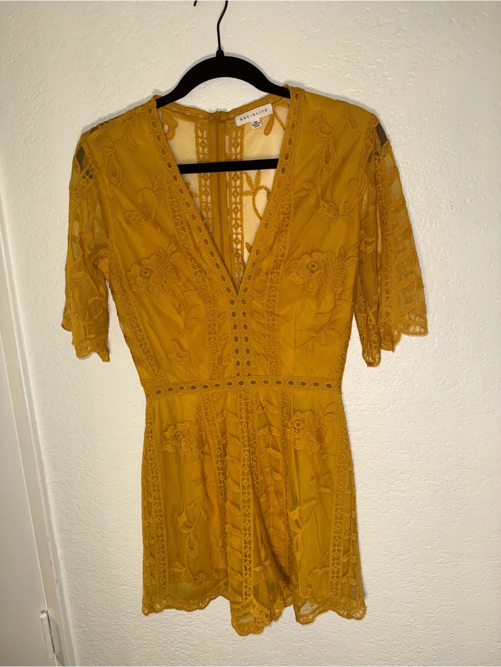 Socialite Mustard Lace V-Neck Mini Dress
